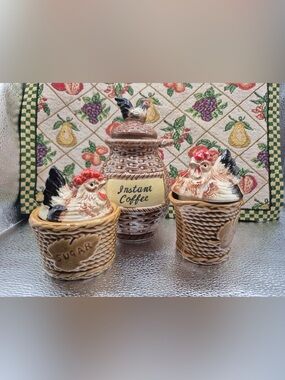 Vintage MCM Chicken Kitchen Decor Retro Basket Weave Coffee Jars Set by Rossini